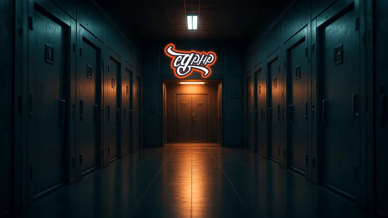 A dark corridor of doors, the mark lit on the far wall
