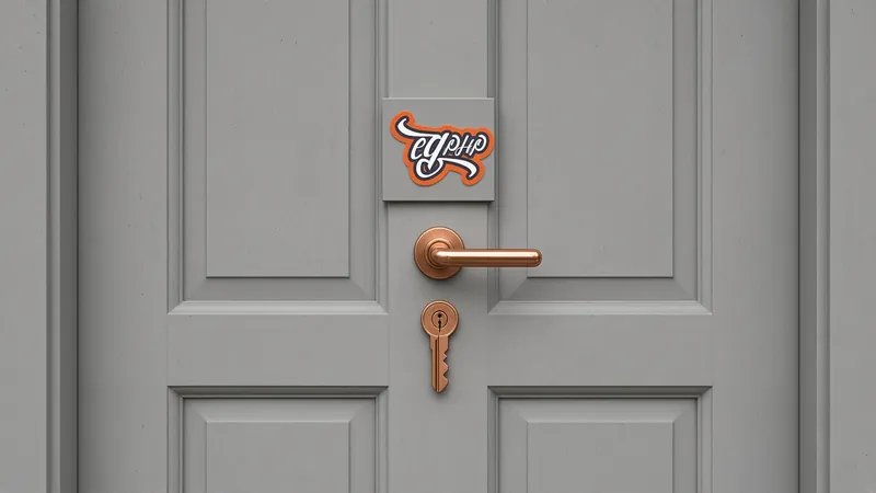 A panelled door square on, a copper handle and a key left in the lock
