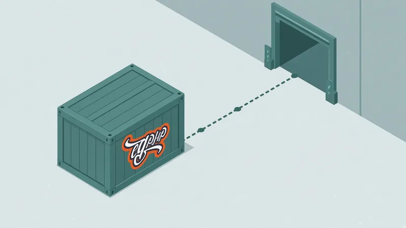 A drawn crate travelling a dotted route toward an open doorway