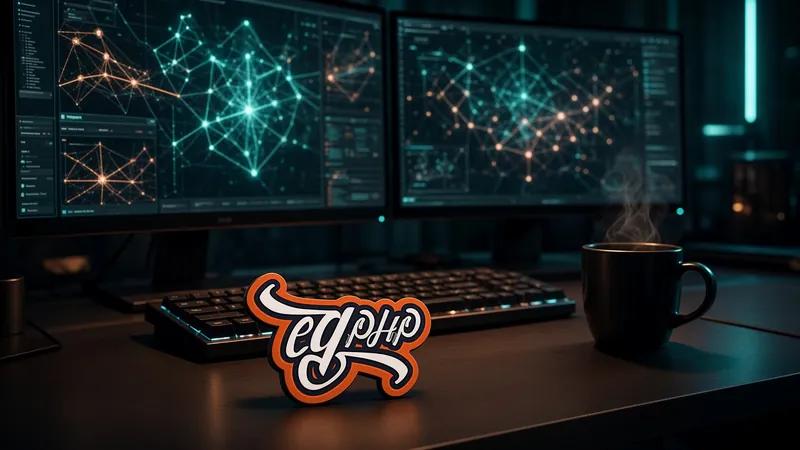 Two screens of graphs above a keyboard, the mark on the desk
