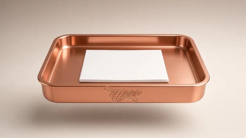 A copper tray on white holding one paper receipt, the mark struck into the rim