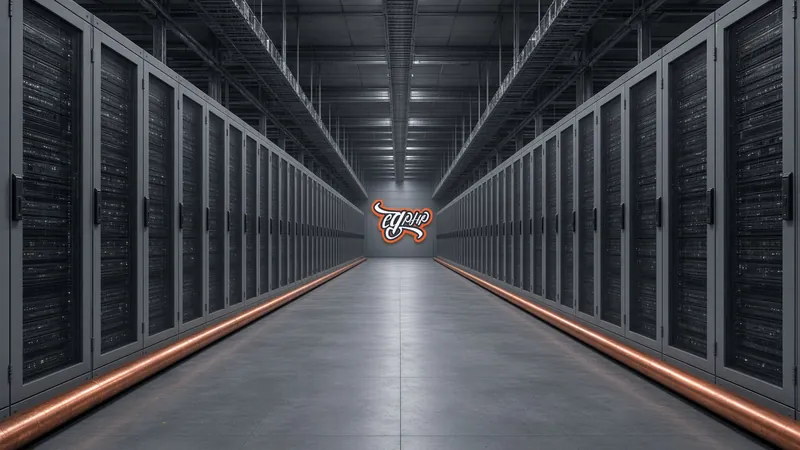 A long aisle running to a lit sign that carries the mark