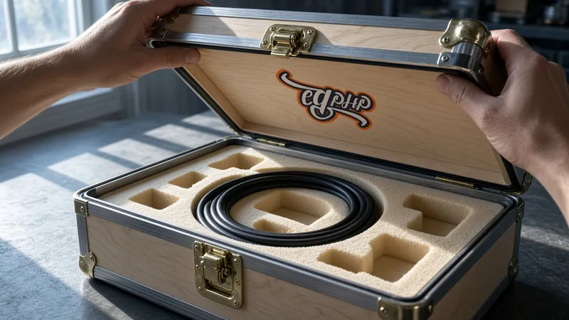 Two hands lifting the lid of a fitted case, the mark stamped inside it