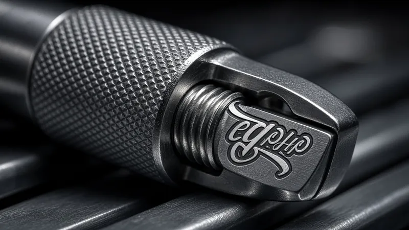 A knurled wrench seated on a rack screw, the mark etched into its flat