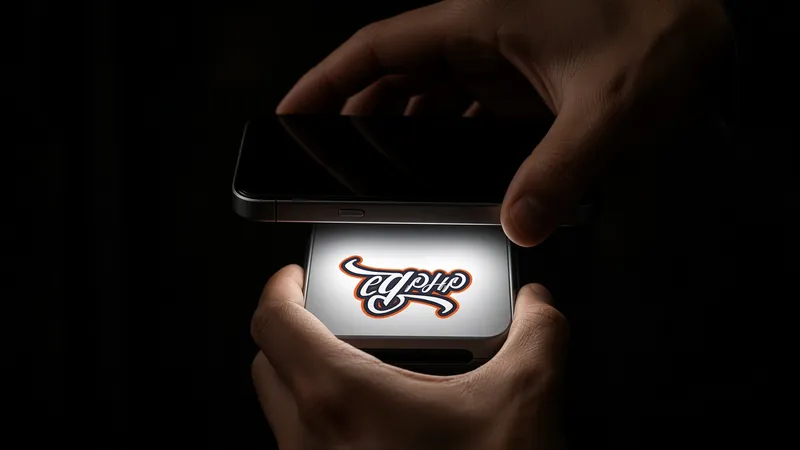 A hand holding a phone over a lit terminal that carries the mark