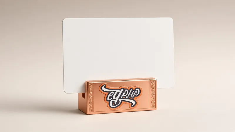 A blank card standing in a copper block on seamless paper, the mark on the block