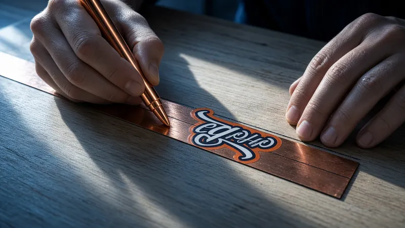 A hand sliding a copper marker along a printed scale on a drawing board