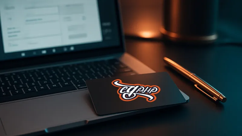 A card resting on a laptop at a quiet checkout desk