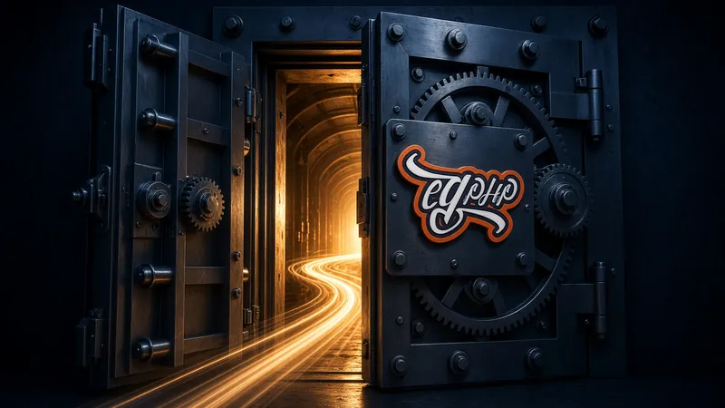 A strongroom door standing open, light streaming from inside, the mark on its plate