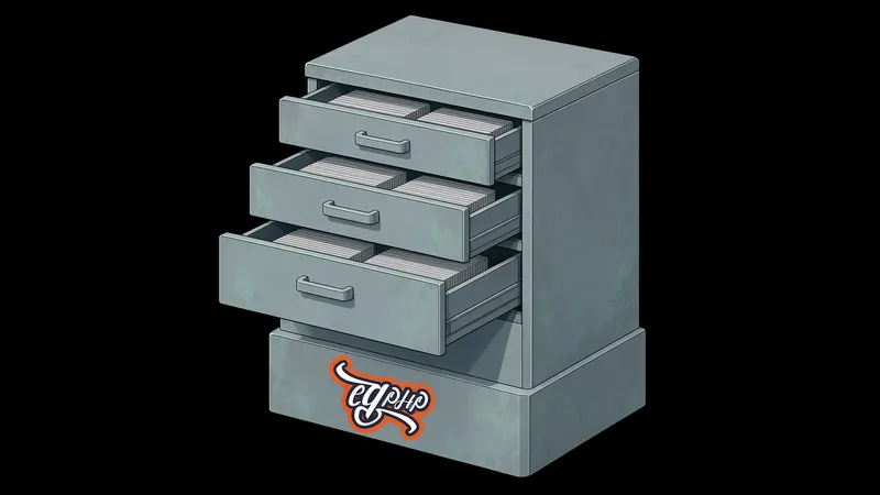 A drawn bank of card-index drawers, three pulled out, the mark on the plinth
