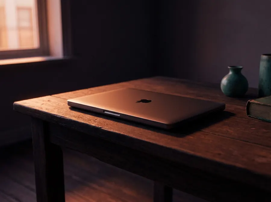 A closed laptop on a table by a window at dusk