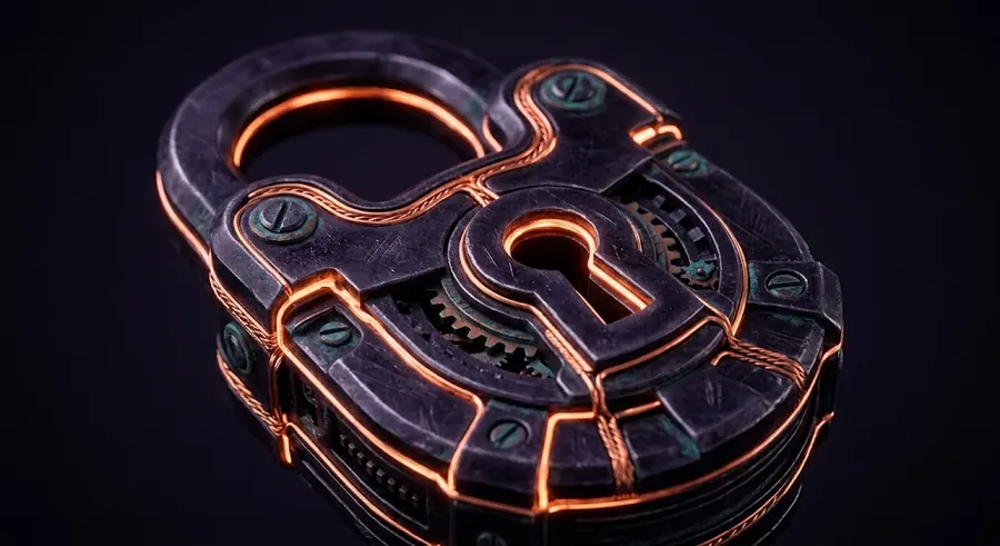 A padlock mechanism lit in warm copper, representing isolated server security