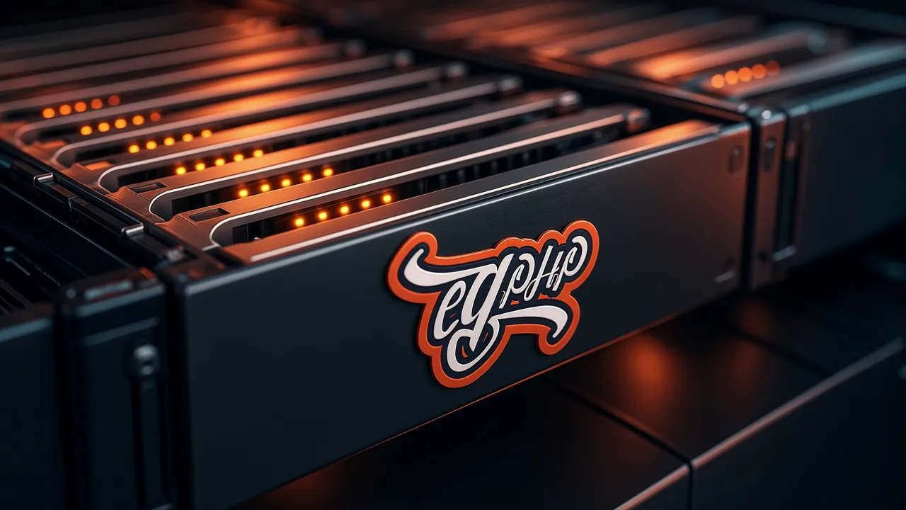 A row of servers seen close, the mark on the front panel